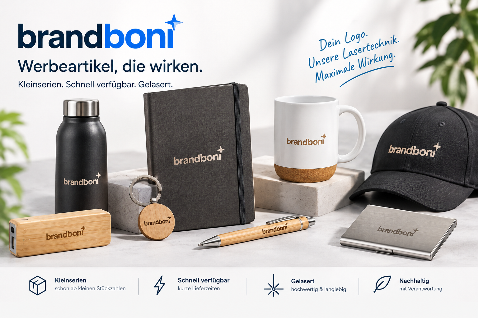 Werbeartikel mit Brandboni-Logo: Trinkflasche, Notizbuch, Tasse, Cap, Kugelschreiber und Schlüsselanhänger
